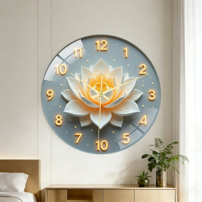 Elegant wall clock featuring glowing white lotus, warm luminous digits, silent quartz movement & tempered glass front. Soft floral style wall decor for home living areas.