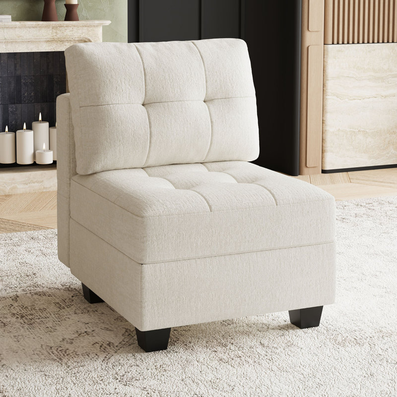 Soneson Armless Storage Slipper Chair , Beige Chenille