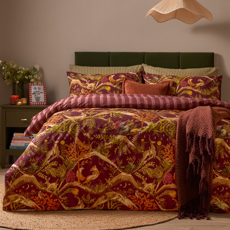 Nya Woodland Cotton Blend Striped Duvet Cover Set, Double Duvet Cover + 2 Standard Pillowcases, Green Striped