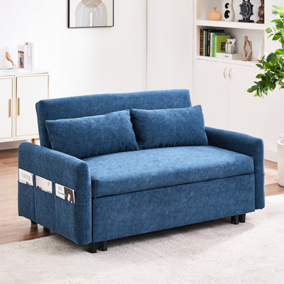 Blue 55.1" With Adjustable And Storage - Pull Out Bed Ports 2 Pillows For Living Room, Bedroom, Apartment, Office & Pocket Apartment