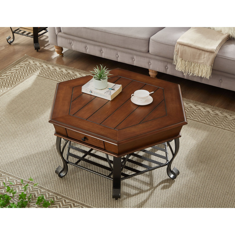40.16" Hexagonal Wood Coffee Table with Storage Drawer and Lower Shelf