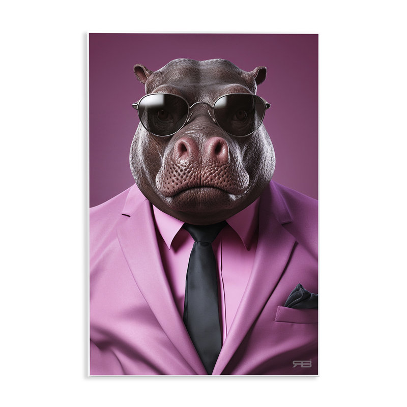 Strong Hippo Purple Suit Wall Plaque Art by Roozbeh Bahramali, 19" H x 13" W