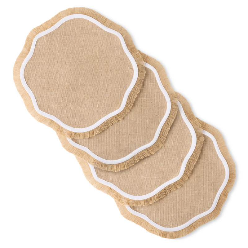 Ensemble de 4 napperons festonnés texturés en jute FIESTA naturel / blanc 15 po x 15 po