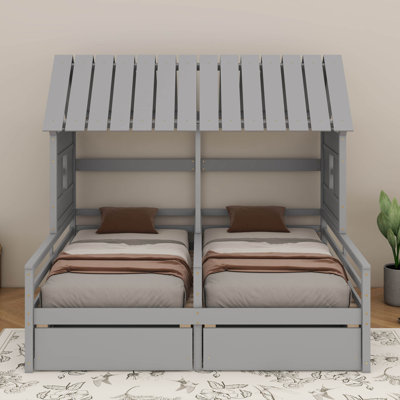 Twin Size House Platform Bed With 2 Drawers, Composed Of 2 Twin Size Beds Placed Side By Side.