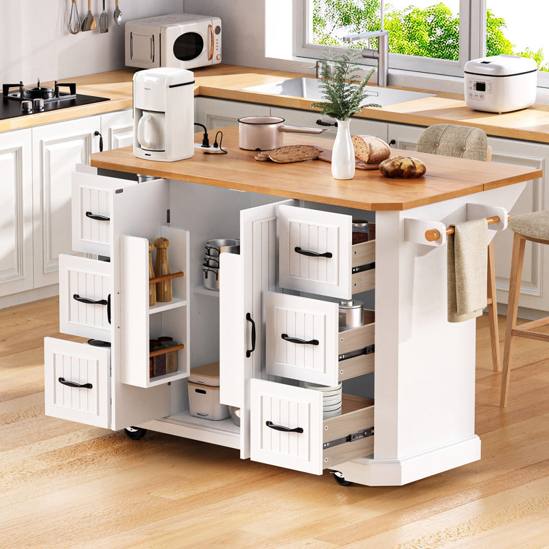 Kitchen Island With Drop Leaf, Rubber Wood Veneer, Power Outlet, And Rolling Cart With Drawers And Shelves, White | Gift Idea