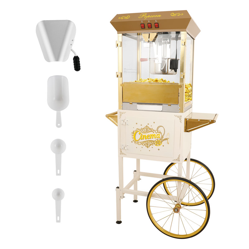 Machine à maïs soufflé commercial 16 onces avec chariot et bouilloire 16 oz, commande à 3 interrupteurs et portes en verre trempé à cadre en acier