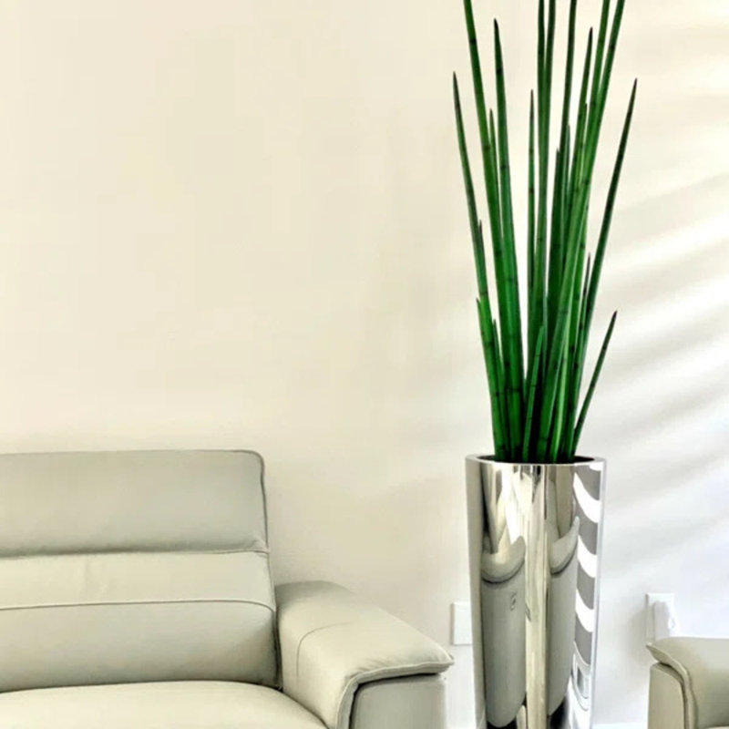 Faux Plant in Metal Planter, Stainless Polished