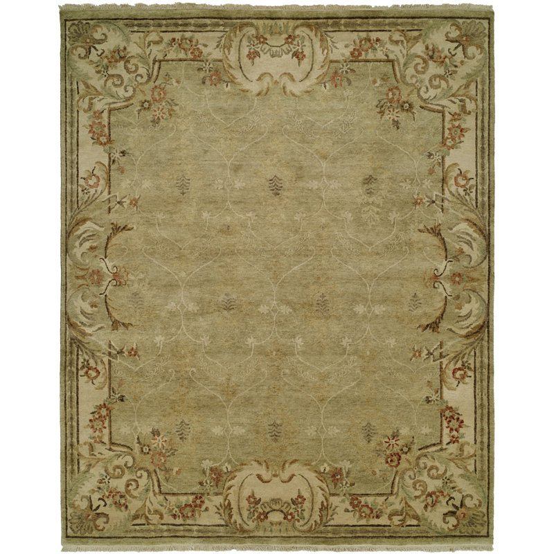 Hand Knotted Wool Green/Ivory Area Rug, Runner 2'6" x 10'