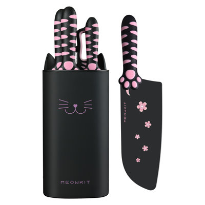 Ensemble de couteaux de cuisine de qualité supérieure avec bloc - acier inoxydable à haute teneur en carbone, revêtement antiadhésif, poignée ergonomique pour pattes de chat, prêt à offrir, ensemble de 5 pièces