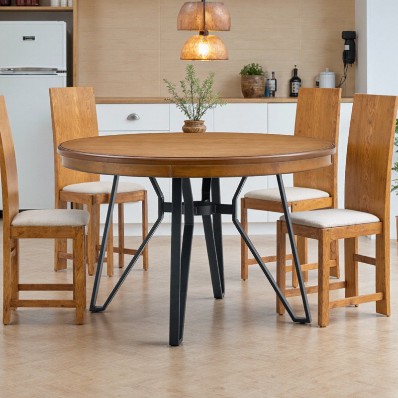 Table de salle à manger ronde Mid-Century moderne en bois de frêne clair avec pieds en épingle à cheveux - 4 sièges