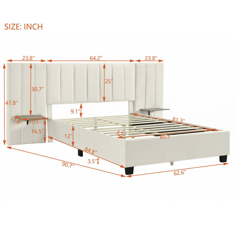 Upholstered Platform Bed With Big Headboard, Beige