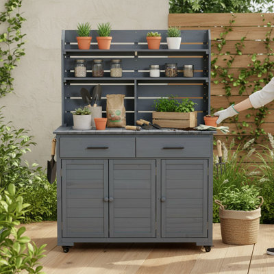 Garden Potting Bench Table, Gardening Workstation, Solid Wood, Hutch Storage, Farmhouse, Outdoor