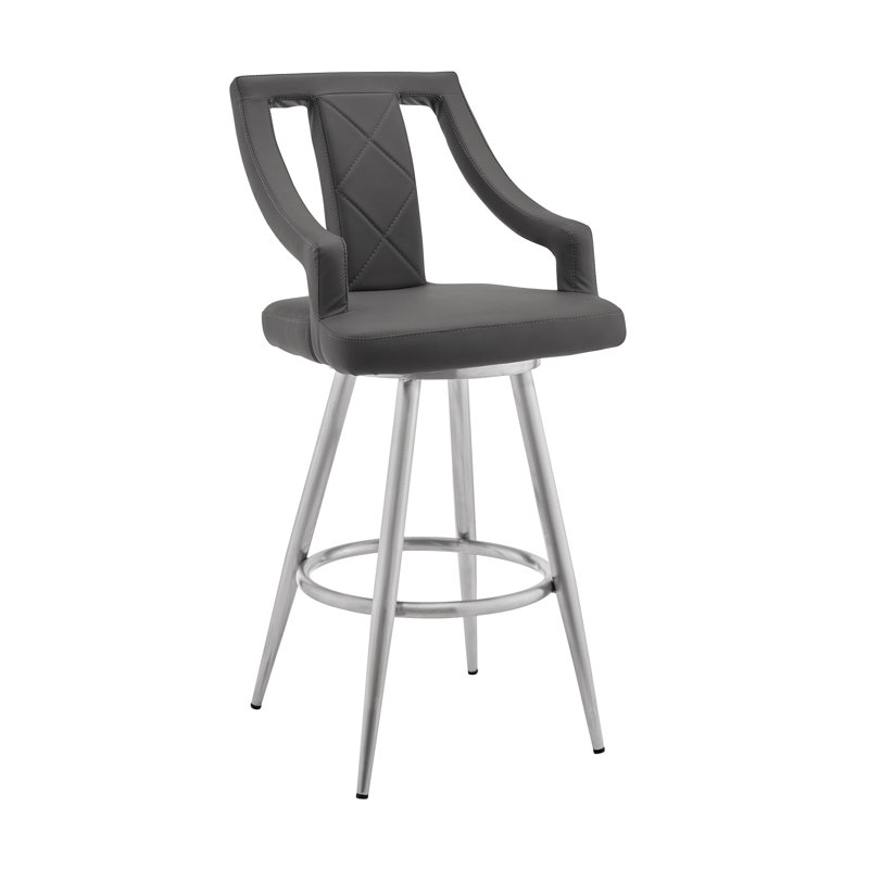 26" Gray Faux Leather And Brushed Stainless Steel Swivel Bar Stool