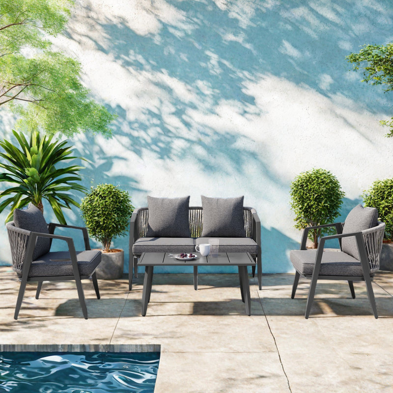 Durable Outdoor Seating Set Included 2 Single Chairs, 1 Double Chairs, 1 Table, Iron Frames And Pe Rattan, Gray, Dark Gray