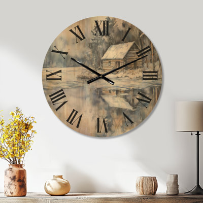 Landscape Rustic Wooden Wall Clock – Winter Cabin in the Woods
