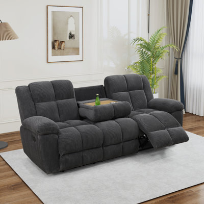 Premium Fabric Reclining Living Room Sofa With Drop Down Table And Cup Holders