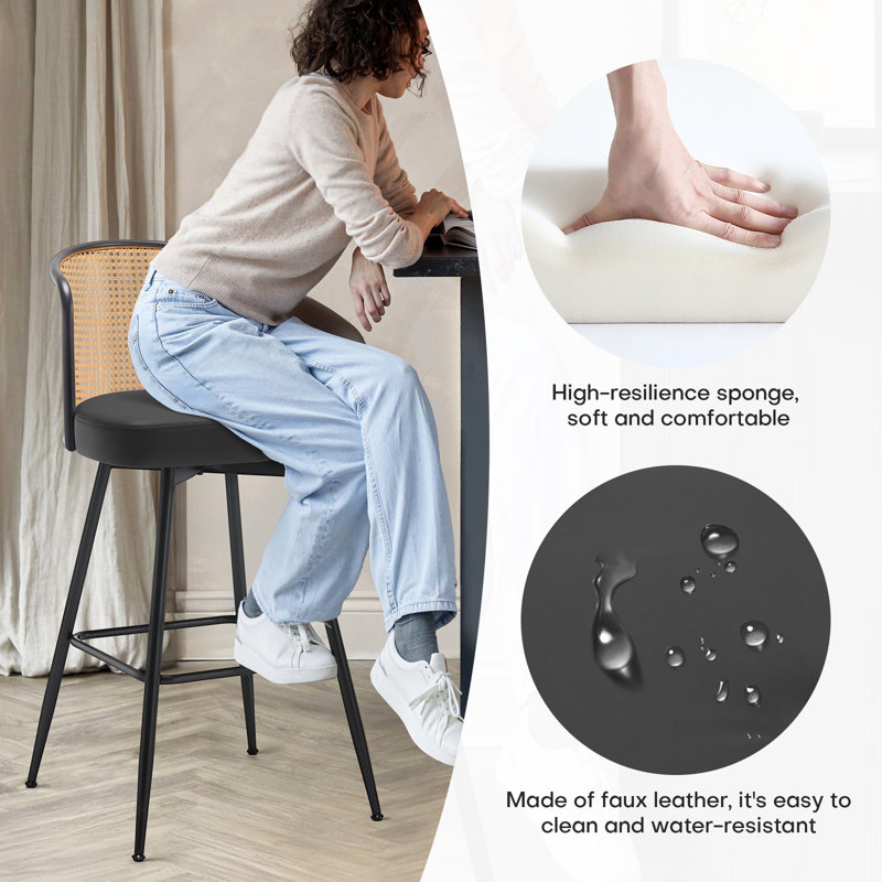 Tabouret pivotant Cane, Bouclé noir, 2, Tabouret de bar (siège d'une hauteur de 29 po)