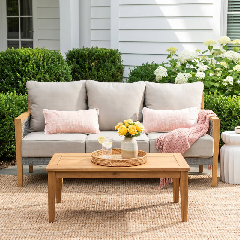 Wallace 76.25'' Wide Rectangle Teak Patio Sofa with Cushions, Beige