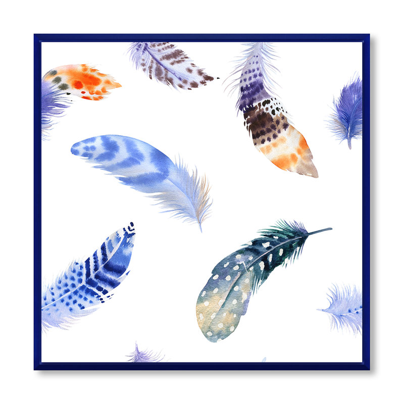 Ensemble de plumes colorées Boho VII - peinture sur toile, H 36 po x l 36 po x P 1,5 po, Encadrement bleu