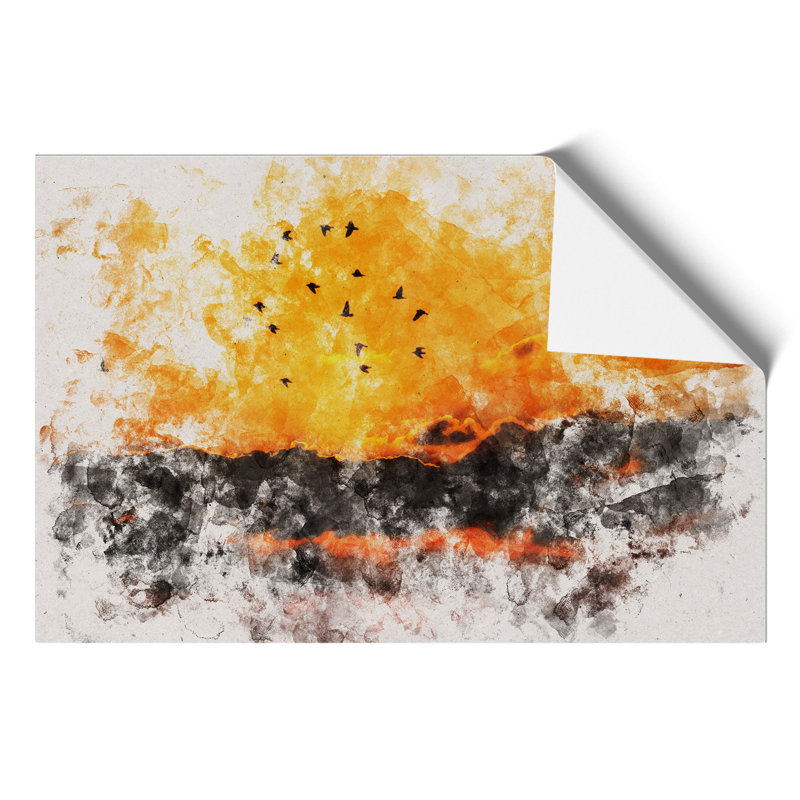 Birds and Orange Sunset Watercolour - Frameless Print, 21cm H x 30cm W x 0.1cm D