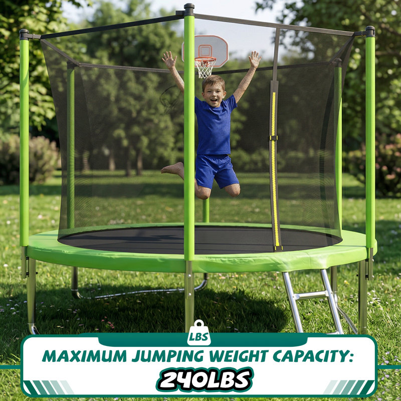 Trampoline 10 pi pour enfants, panier de basketball et échelle, trampoline pour enfants avec enceinte sécuritaire, assemblage rapide pour le plaisir dans la cour, approuvé ASTM