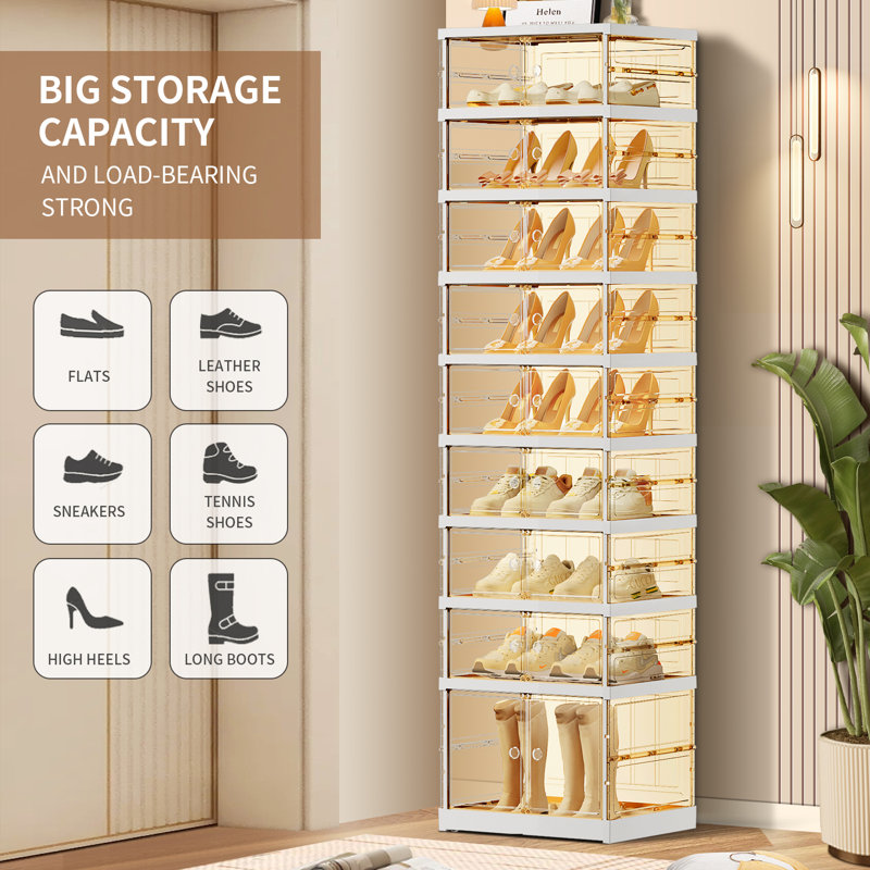 9 Tiers 9-18 Pairs Plastic Stackable Shoe Storage Cabinet For Entryway Easy Assembly, White