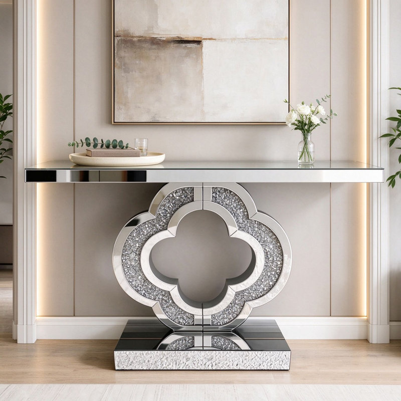 Console à miroir avec incrustation de cristal concassé en forme de trèfle, table d'entrée à miroir biseauté, canapé décoratif Glam pour vestibule de vestibule