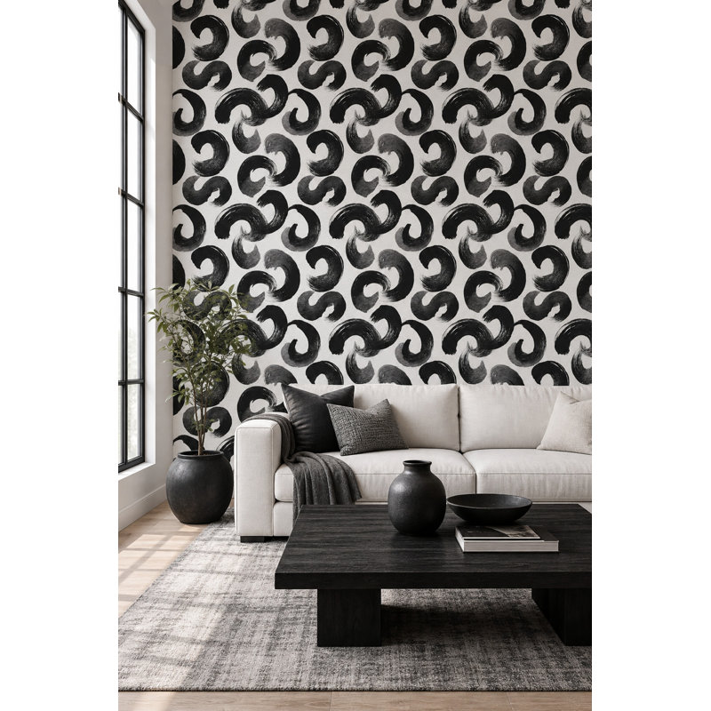 Rouleau de papier peint mural brossé noir et blanc Brushstroke, Peel and Stick