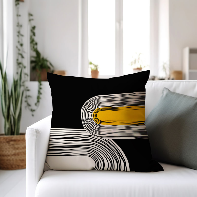 Coussin décoratif réversible intérieur / extérieur Cassie, H 15 po x l 15 po, Jaune / crème / noir