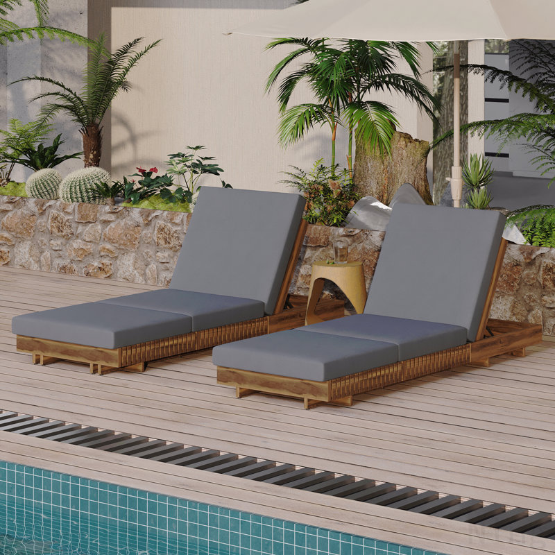 Lounge Chaise Set, Acacia Solid Wood With  Lounge Cushion (Dark Grey+Triple Folds) - Matching Cream Version Available