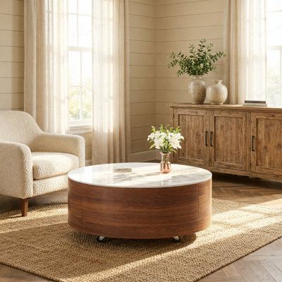 Table basse ronde mobile avec roulettes, 2 tiroirs, plateau en pierre frittée à motif marbré, noyer, 29,5 po