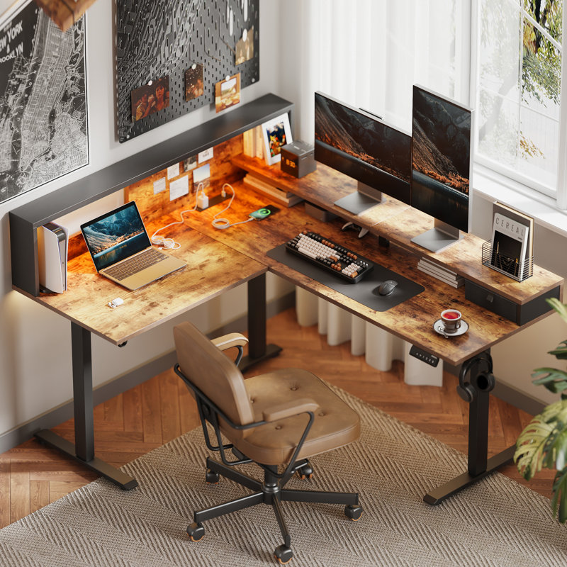 Prise électrique pour bureau debout en forme de L et lumières DEL, bureau d'ordinateur réglable, Brun rustique / noir