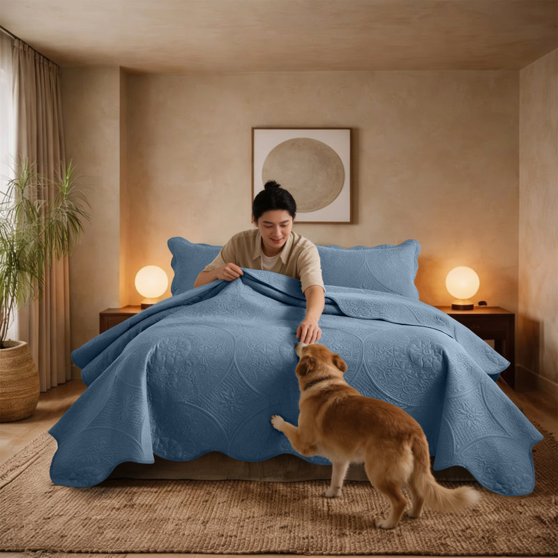 Floral Embossed Microfiber Quilted Bedspread Set, Queen Coverlet/Bedspread + 2 Standard Pillowcases, Washed Blue