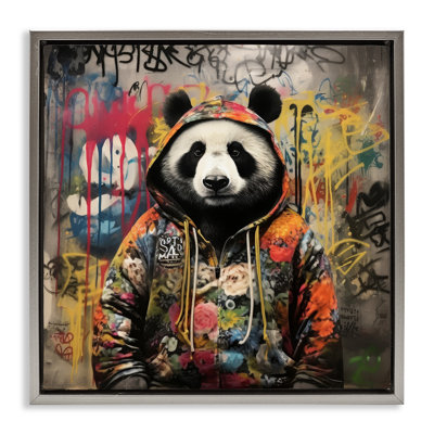 Urban Graffiti Panda Gold Framed Floater Canvas Wall Art by Lazar Studio