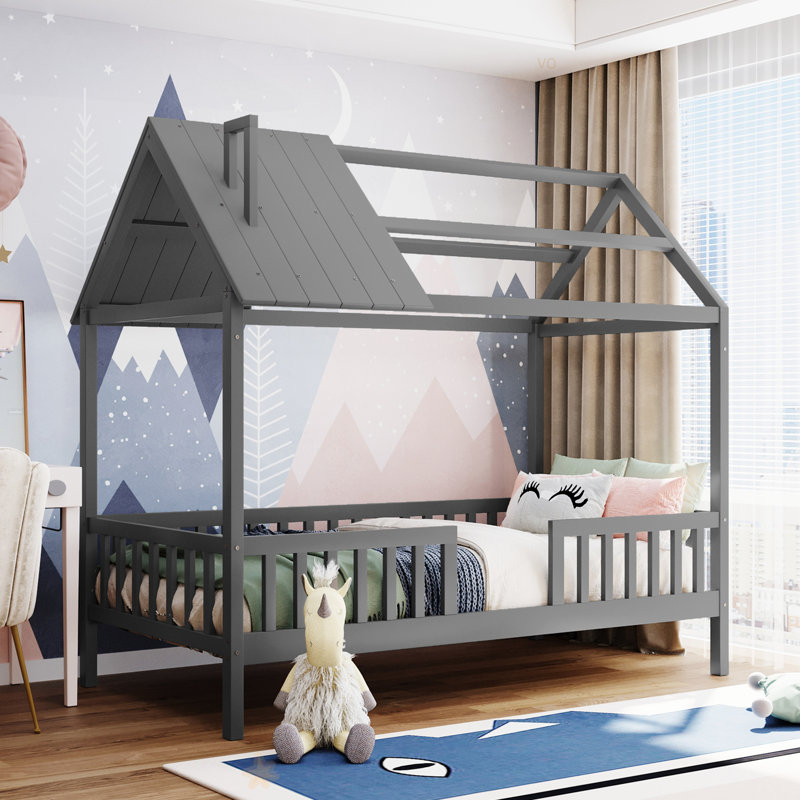 Lit simple en bois avec clôture, Gris