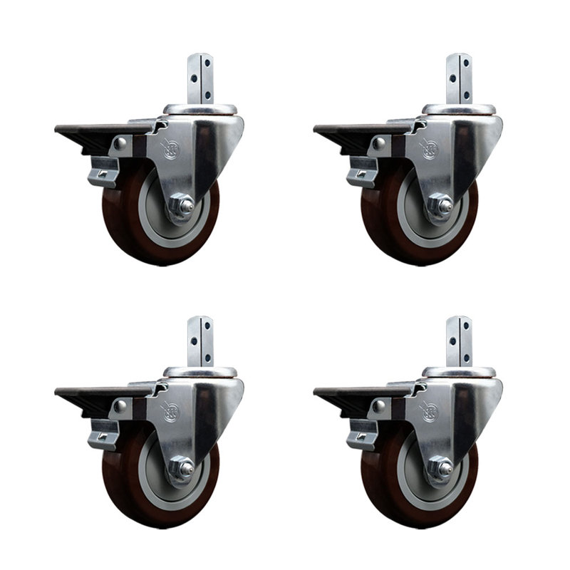 Ensemble de roulettes à tige carrée pivotante en poly avec frein SCC, gris
