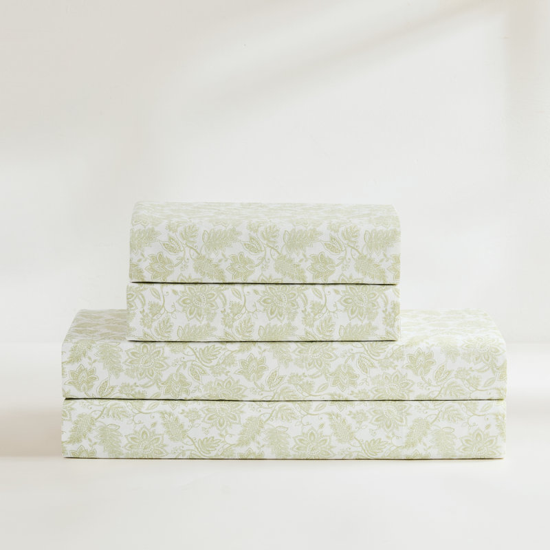 Floral Jacobean Cotton Sheet Set Sage, Full Sheet Set with 2 Pilowcases