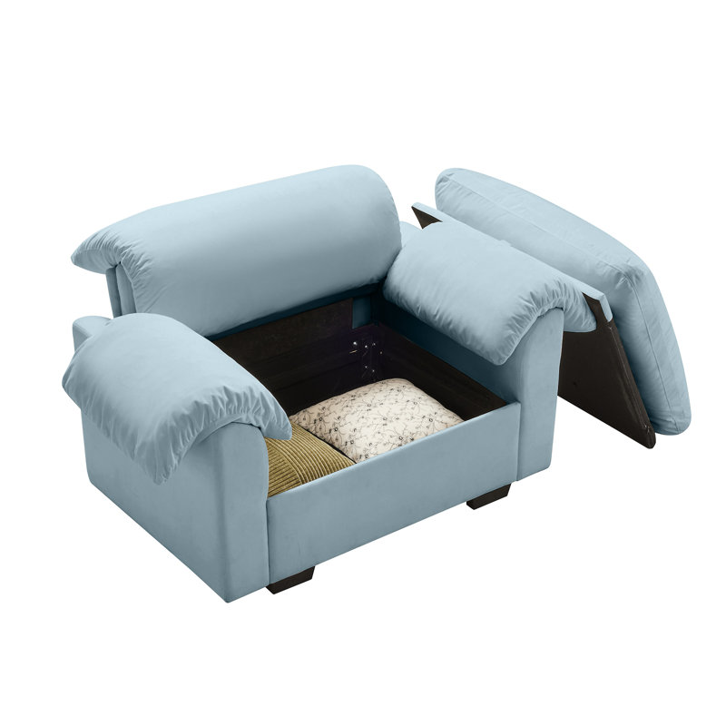 Modern Velvet Single Sofa with Storage Deep Seat Accent Chair Fluffy Armrest Pillows for Living Room, Bleu
