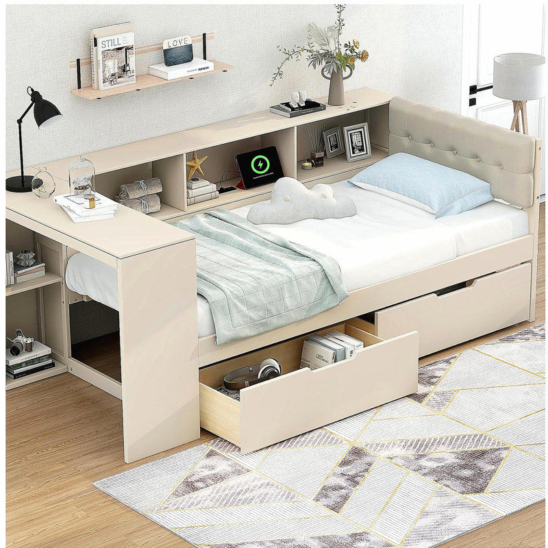 Wood Twin Size Platform Bed with Storage Shelves, Drawers, Charging Station and Upholstered Headboard, Cream, Twin, Cream