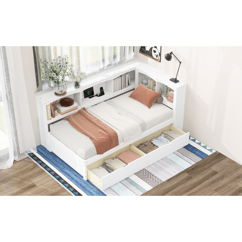 Lit de jour simple blanc avec prises et rangement - Fabrication en bois massif pour une configuration de chambre à coucher élégante. Deux tiroirs pratiques.