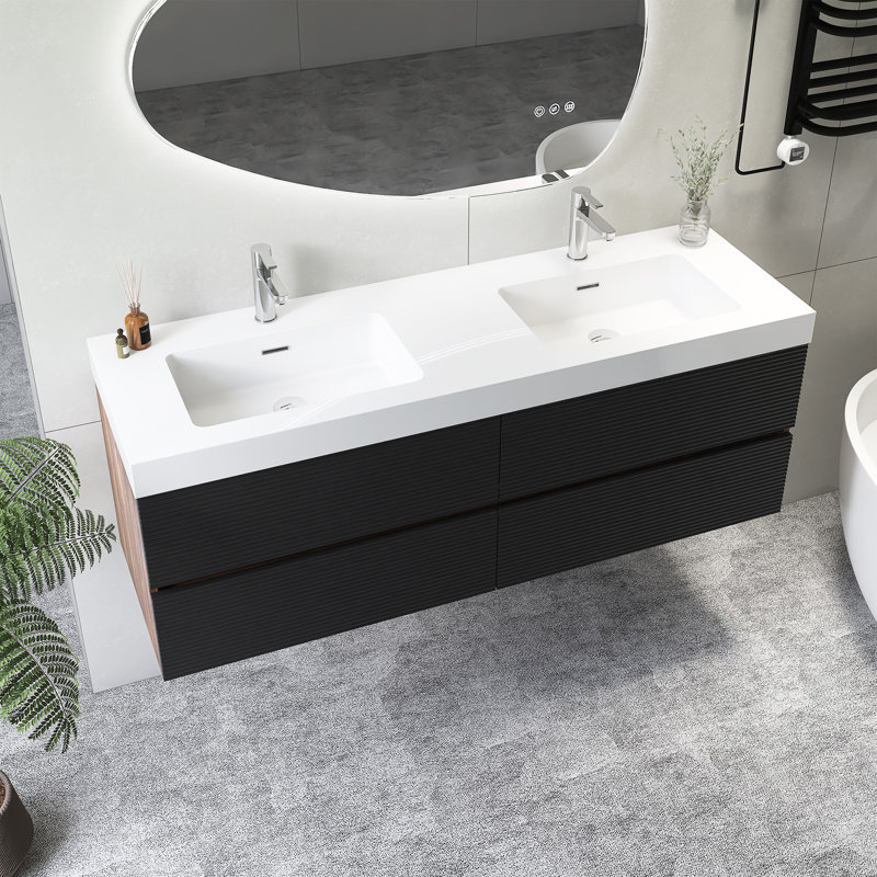 Meuble-lavabo mural de 60 po avec lavabo à surface solide