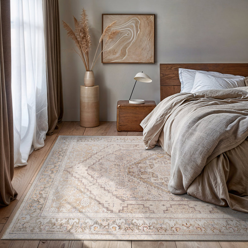 Valora Beige Medallion Machine Washable Flatweave Area Rug With Non-Slip Backing, Rectangle 7'6" x 9'6"