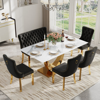 Rectangle Tempered Glass Dining Table Set with Tufted Bench, Luxury Dining Table with Tufted Velvet Dining Chair for Dining Room