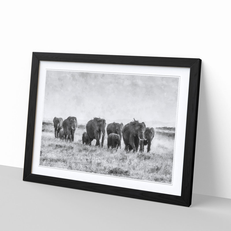 Herd of Elephants Roaming - Framed Print, 33cm H x 45cm W x 2cm D, Black Framed