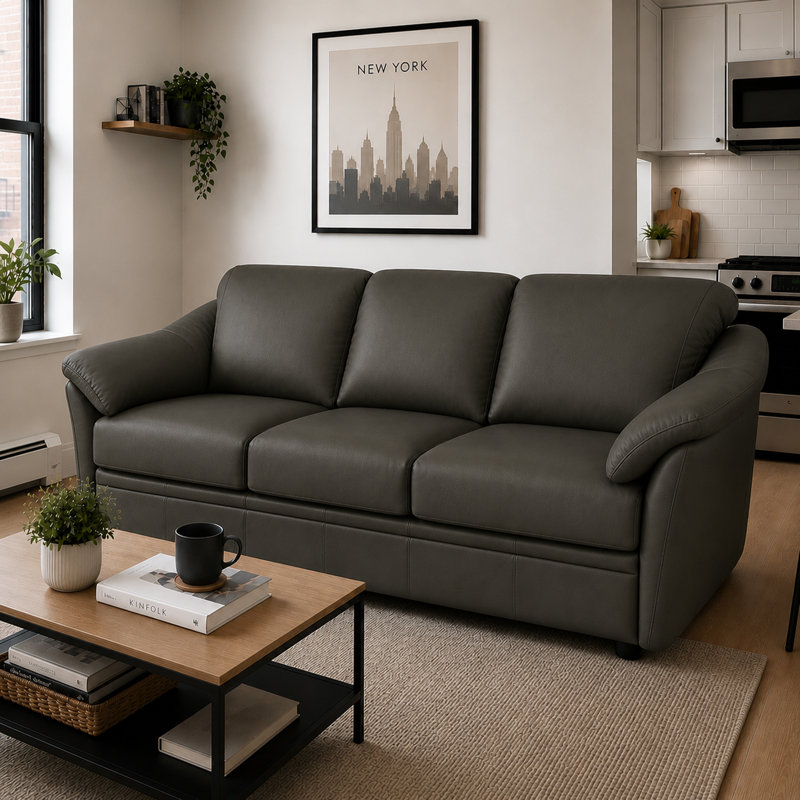 Ramdev Top Grain Leather Sofa with Cushioned Back and Pillow Top Arm, Charcoal, 34" H x 80" W x 36" D