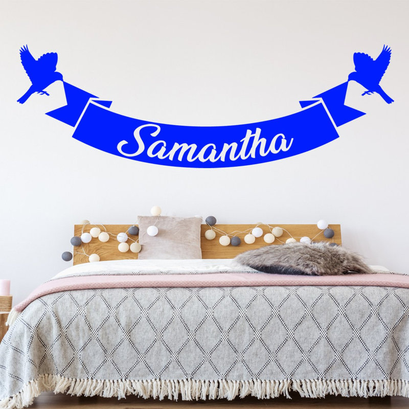 Décalcomanie murale nom et oiseaux personnalisés, H 17,5 po x l 50 po, Bleu, Oui