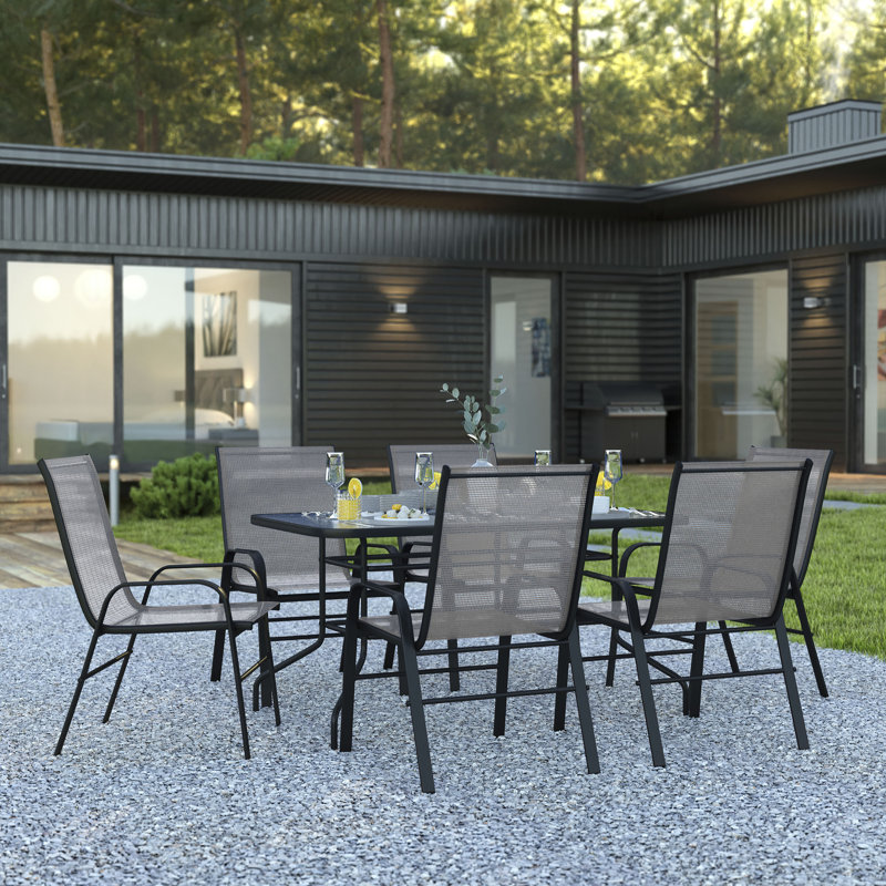 Elgin Patio Dining Set with Glass Table and Flex Stack Chairs, 6, Gray