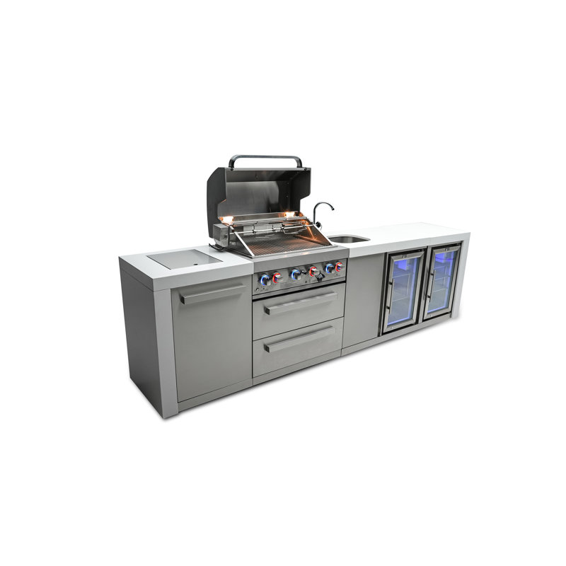 Mont Alpi 4-Burner Deluxe Stainless Steel Island BBQ Grill + Faucet & Sink Combo + 2 Refrigerators