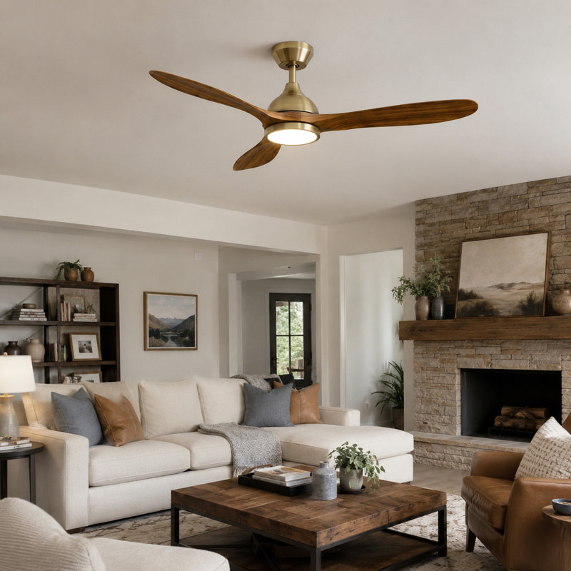 52" High-Airflow Ceiling Fan with Light - Quiet & Reversible DC Motor, 6-Speed Remote Control 3CCT Memory LED, Gold, Walnut
