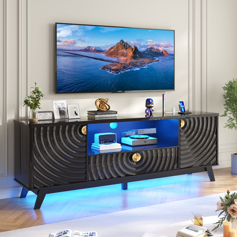 63" W Tv Stand With Motion-Activated Light And Built-In Charging Station, Black